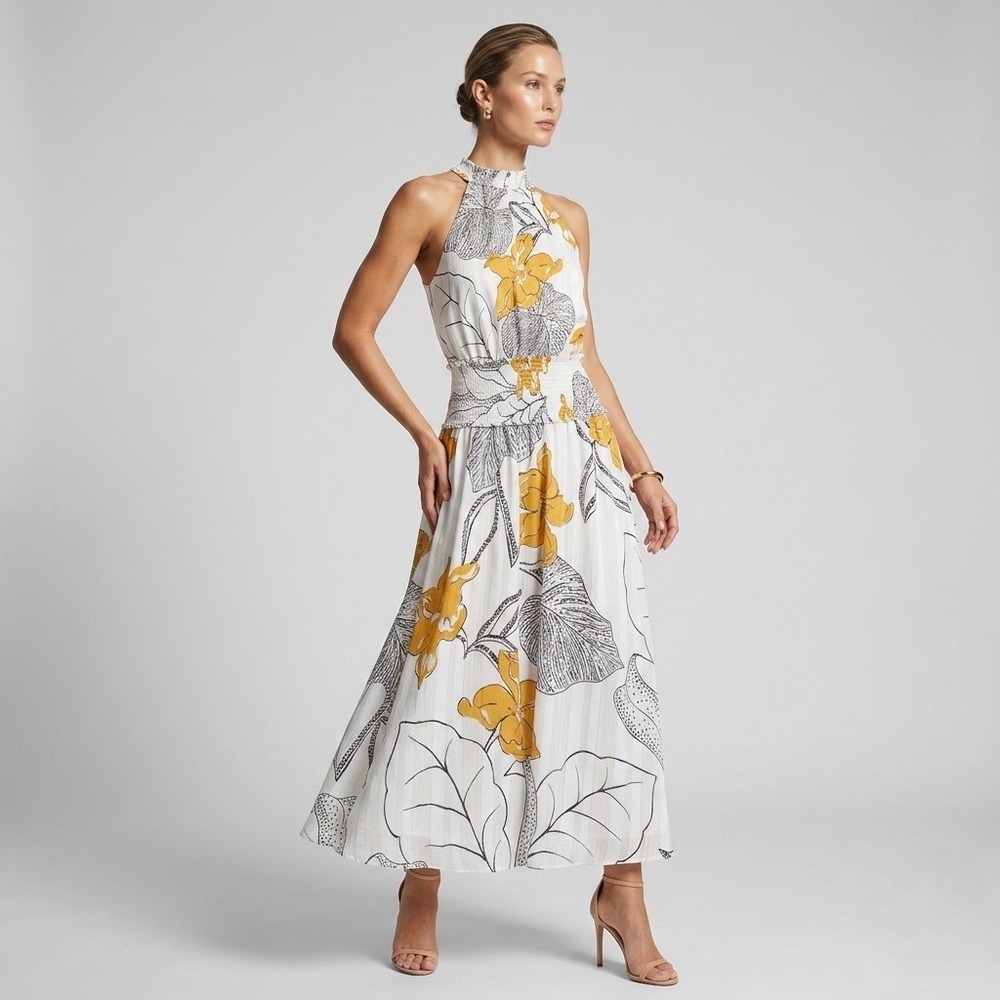 White House‎ Black Market Floral Halter Smocked Midi Dress Yellow White Size 12